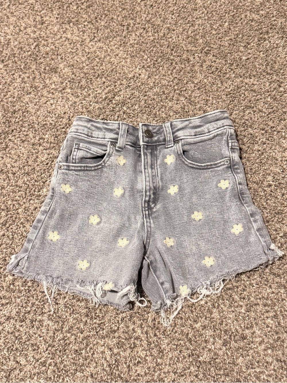 Girls' Gray Denim Shorts with pale Yellow Floral Embroidery